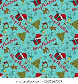 seamless pattern New year Christmas color and contour illustration baby Doodle layout for design Santa spruce wreath sock gingerbread man gloves garland ball background changing vector EPS 10