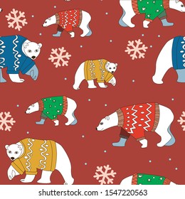 Seamless pattern for new year and christmas. Strong polar bears in sweaters on a red background repeat randomly.