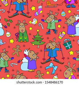 Seamless pattern for the new year and Christmas, funny cartoon moose for winter entertainment, bright animals on a red background