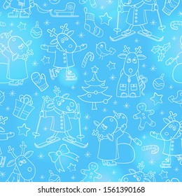 Seamless pattern for the new year and Christmas, funny cartoon moose for winter entertainment,light  contour of   animals on a blue background