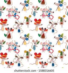 Seamless pattern New year and Christmas in vector. Cute cartoon mouse gives gifts, dancing, decorating the Christmas tree. Christmas seamless pattern  for cards with symbol of 2020 year.