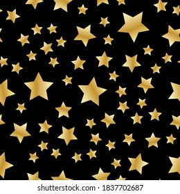 Seamless pattern for New Year and Christmas designs. Gold Christmas stars on a black background.