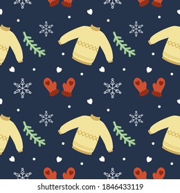 Nahtlose Muster für Neujahr und Weihnachten. Fichtenfässer, Pullover und Fichtenzweige. Hintergrund für den Druck auf Stoff oder Verpackungspapier.