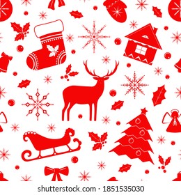 Seamless pattern with New Year and Christmas symbols. Ornament with christmas trees, socks, houses, deers, bows, bells, balls, snowflakes, angels. Winter red and white background.