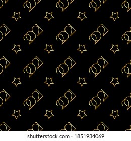 Patrón sin problemas para los diseños de Año Nuevo y Navidad. Los números abstractos de oro de 2021 y las estrellas de fondo negro. Plantilla de diseño festivo para papel de envoltura. 