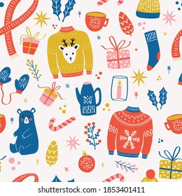 Seamless pattern with New Year and Christmas elements. Traditional winter holiday decoration, clothes, gifts and animals, isolated. Colorful vector illustration