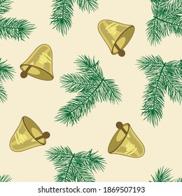 Nahtlose Muster für neues Jahr und Weihnachten. Zweige von Fichte und Kiefer. Die gelben Glocken. Für das Design von Postkarten, Poster und Schmuck.