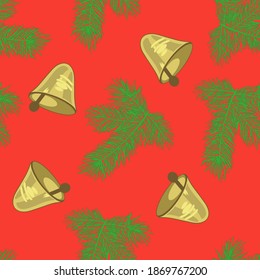 Seamless pattern for new year and Christmas. Branches of spruce and pine. The yellow bells. For the design of postcards, posters, and jewelry.