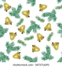 Seamless pattern for new year and Christmas. Branches of spruce and pine. The yellow bells. For the design of postcards, posters, and jewelry.