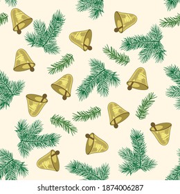 Patrón sin problemas para el nuevo año y la Navidad. Ramas de abeto y pino. Las campanas amarillas. Para el diseño de postales, afiches y joyas.