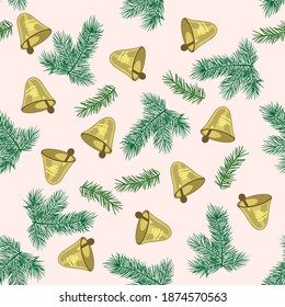 Seamless pattern for new year and Christmas. Branches of spruce and pine. The yellow bells. For the design of postcards, posters, and jewelry.