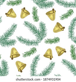 Patrón sin problemas para el nuevo año y la Navidad. Ramas de abeto y pino. Las campanas amarillas. Para el diseño de postales, afiches y joyas.