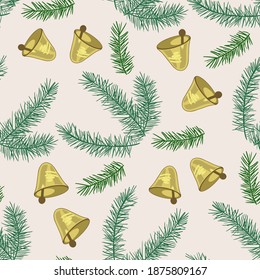 Seamless pattern for new year and Christmas. Branches of spruce and pine. The yellow bells. For the design of postcards, posters, and jewelry.