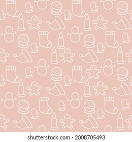 seamless pattern. New Year, Christmas texture  for print, paper, design, fabric, decor, gift wrap, background. Cute sketch drawing in white on a light beige background.