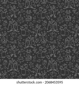 Seamless pattern for the new year and Christmas, funny light contour cartoon moose for winter entertainment, outline animals on a dark background
