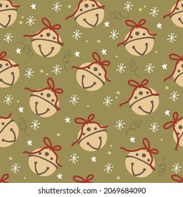 Seamless pattern with New Year and Christmas themes and attributes. Socks, mistletoe, snowflakes, inscription, lollipops, bells. For printing on fabric, paper, ceramics, stationery, packaging paper
