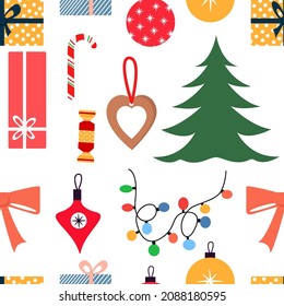 Seamless pattern with New Year, Christmas elements isolated on white. Design for card, textile, fabric, paper design