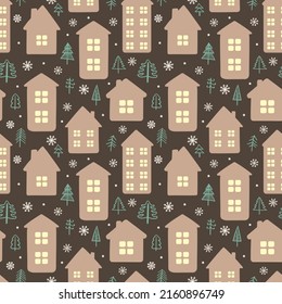 Seamless pattern for New Year and Christmas. Vector hand-drawn illustration of beige houses with windows, trees and snowflakes on a brown background.