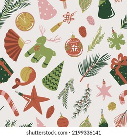 Seamless pattern for the new year and Christmas. Winter ornament for paper and textile. Gift wrapping, scrapbooking, homemade Christmas textiles. Flat style in vector illustration.