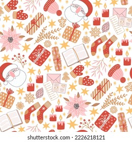 Seamless pattern for New Year and Christmas. Cute hand-drawn illustration with holiday mood. Cozy winter elements like gifts, stars and Santa.