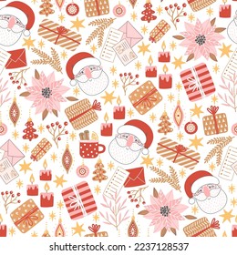 Seamless pattern for New Year and Christmas. Cute hand-drawn illustration with holiday mood. Cozy winter elements like gifts, stars and Santa.
