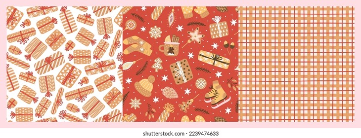 Patrón sin problemas para Año Nuevo y Navidad. Ilustración atractiva a mano con ánimo festivo. Acogedores elementos de invierno como regalos, estrellas y Santa.