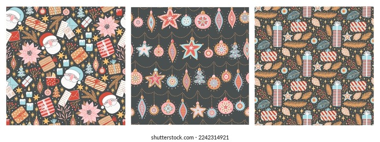 Patrón sin problemas para Año Nuevo y Navidad. Ilustración atractiva a mano con ánimo festivo. Acogedores elementos de invierno como regalos, estrellas y Santa.