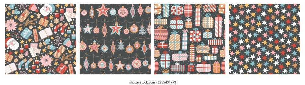 Seamless pattern for New Year and Christmas. Cute hand-drawn illustration with holiday mood. Cozy winter elements like gifts, stars and Santa.