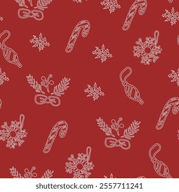 Seamless pattern with New Year and Christmas decorations on red background in doodle style