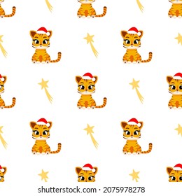 Patrón sin foco de los lindos cachorros de tigre del año nuevo, un símbolo del nuevo año 2022 sobre fondo blanco. Año Nuevo y Navidad. Ilustración vectorial para postal, banner, web, decoración, diseño, artes, calendario.