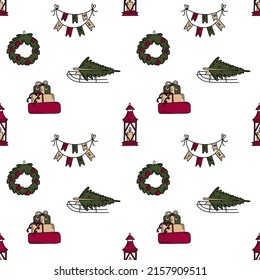 Seamless pattern for new year with cute elements. Christmas tree on the sled, gifting box, lantern witj candle, wreath with balls, flags with lettering new year.