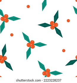 Seamless pattern with new year decorative green plants in cut out style isolated on white. Background with Christmas abstract florals for wrapping paper, fabric, wallpaper. Flat Vector illustration.