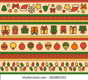 seamless pattern of new year elements, christmas tree toys, gifts, lights for wrapping paper
