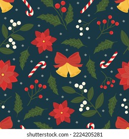 Patrón sin inconvenientes de los elementos navideños: ramas con bayas, copos de nieve, flor de poinsettia, chile sobre un palo y campanas con un arco. Ilustración de Nochevieja en un estilo plano en una espalda oscura