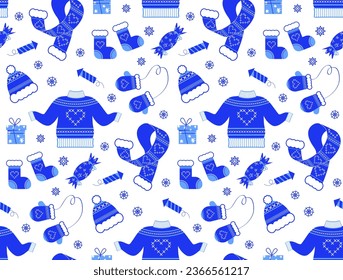 Seamless pattern with New Year elements in flat style. Vector background with winter clothes, sweater, hat, socks with ornament and other elements. Blue monochrome colors.