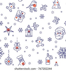 Seamless pattern with new year elements in modern line style.  Christmas background