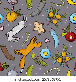 Seamless pattern for the New Year features delightful illustrations of a fox, rabbit, festive socks, mandarins, and other seasonal elements on a grey background