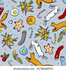 Seamless pattern for the New Year features delightful illustrations of a fox, rabbit, festive socks, mandarins, and other seasonal elements on a light blue background