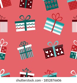 Seamless pattern new year gifts, new year background of gifts boxes with bow on a pink background