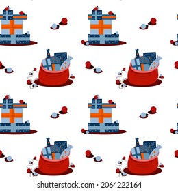 seamless pattern of new year gifts and colored garland of balls on a white background