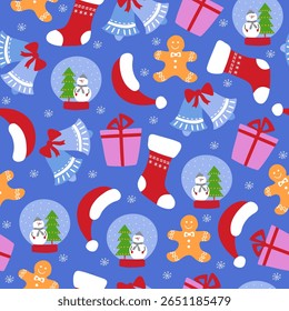 Seamless pattern with New Year gifts, gingerbread man, snowman and Santa hat. Christmas and winter festive bright background. Vector.
