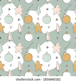 seamless pattern new year Hanging Christmas ornaments with gingerbread