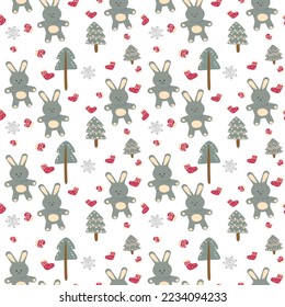 
seamless pattern for the New Year holiday with hares, mittens, felt boots and Christmas trees for backgrounds, wallpapers, cards