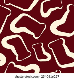 seamless pattern of New Year icons of Santa Claus socks drawn in line art style on dark red background, for Christmas packaging, textiles or cards