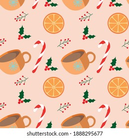 Seamless pattern with a New year image of coffee, candy cane, orange and holly. 