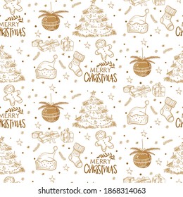 Seamless pattern with New Year items. Christmas tree, gifts, Christmas ball, gingerbread cookies and Santa Claus hat.