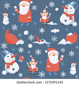 Seamless pattern New Year Merry Christmas, with Santa Claus, elf, snowman, snowflakes, snowballs. Vector illustration.