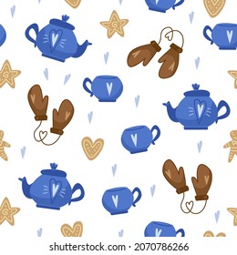 Patrón incomparable para el Año Nuevo, tazas, mitones de punto y galletas de jengibre sobre un fondo blanco nevado. Ilustraciones navideñas al estilo infantil. Azul y marrón
