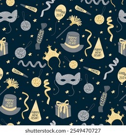Patrón sin fisuras con Elementos de fiesta de Año Nuevo que incluyen máscaras, sombreros, globos, regalos, serpentinas y confeti sobre fondo azul oscuro. Vector dibujado a mano ilustración para envolver, telas, Fondo de pantalla
