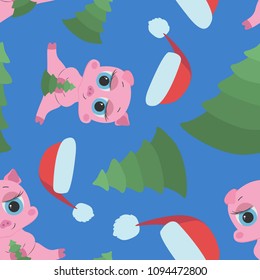 Seamless pattern for the new year with pink piglets, red cap and fir tree on blue background